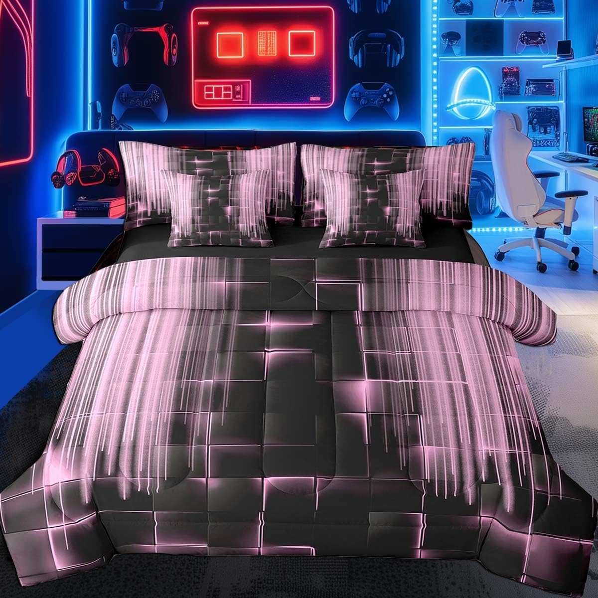 Feelyou Pink and Black Comforter Set with Sheets 7 Piece for Kids Boys Girls Ombre Bed in a Bag Bedding Set Twin Size Bedroom Decor Honeycomb Modern Art Bed Set