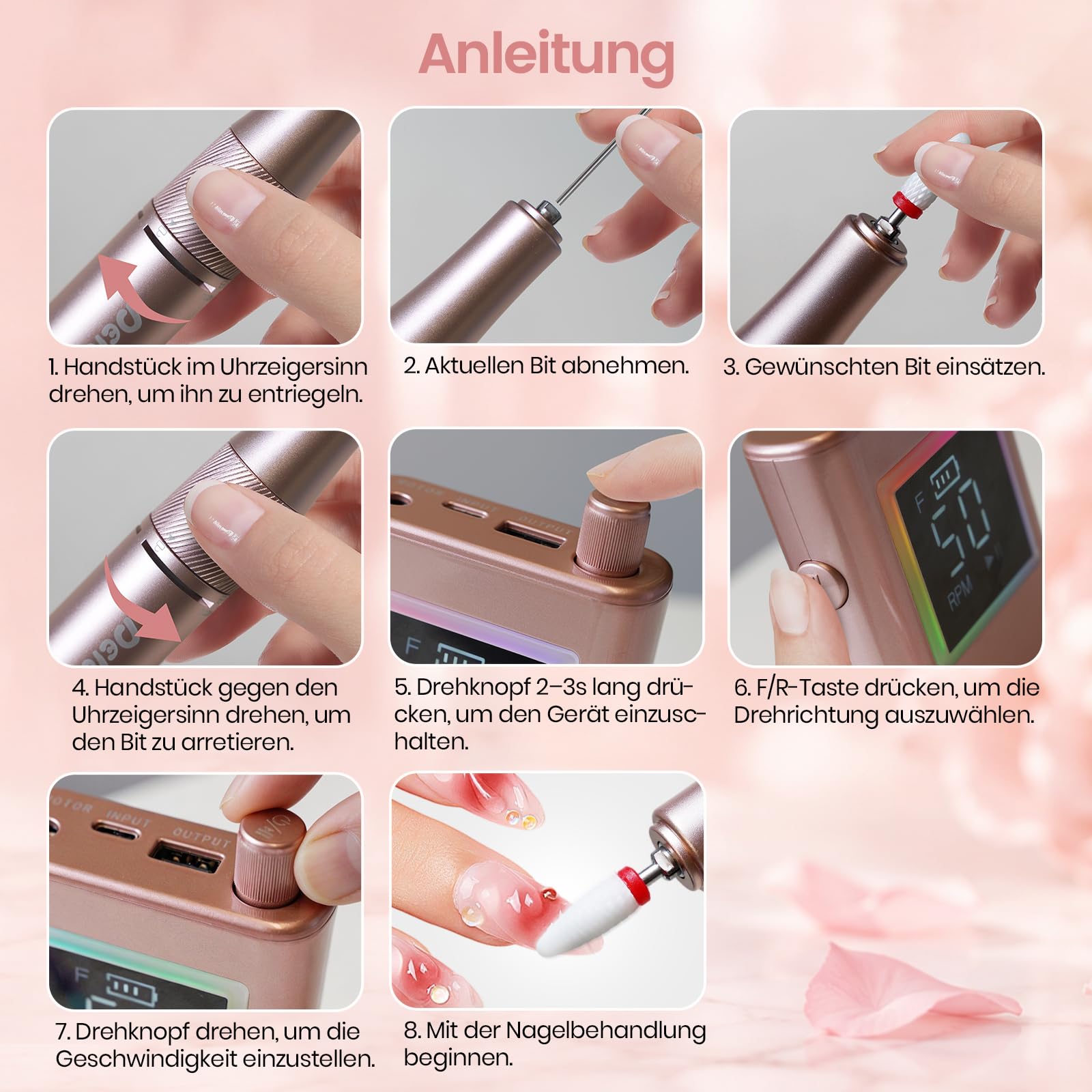 Delanie elektrischer Nagelfräser professionell 50000 U/Min mit Ladestaion, Maniküre Fräser für Nägel & Acrylnägel, tragbarer Nagel Fräser für Gelnägel für Anfänger Zuhause & Salon Profis +12 Nagelbits