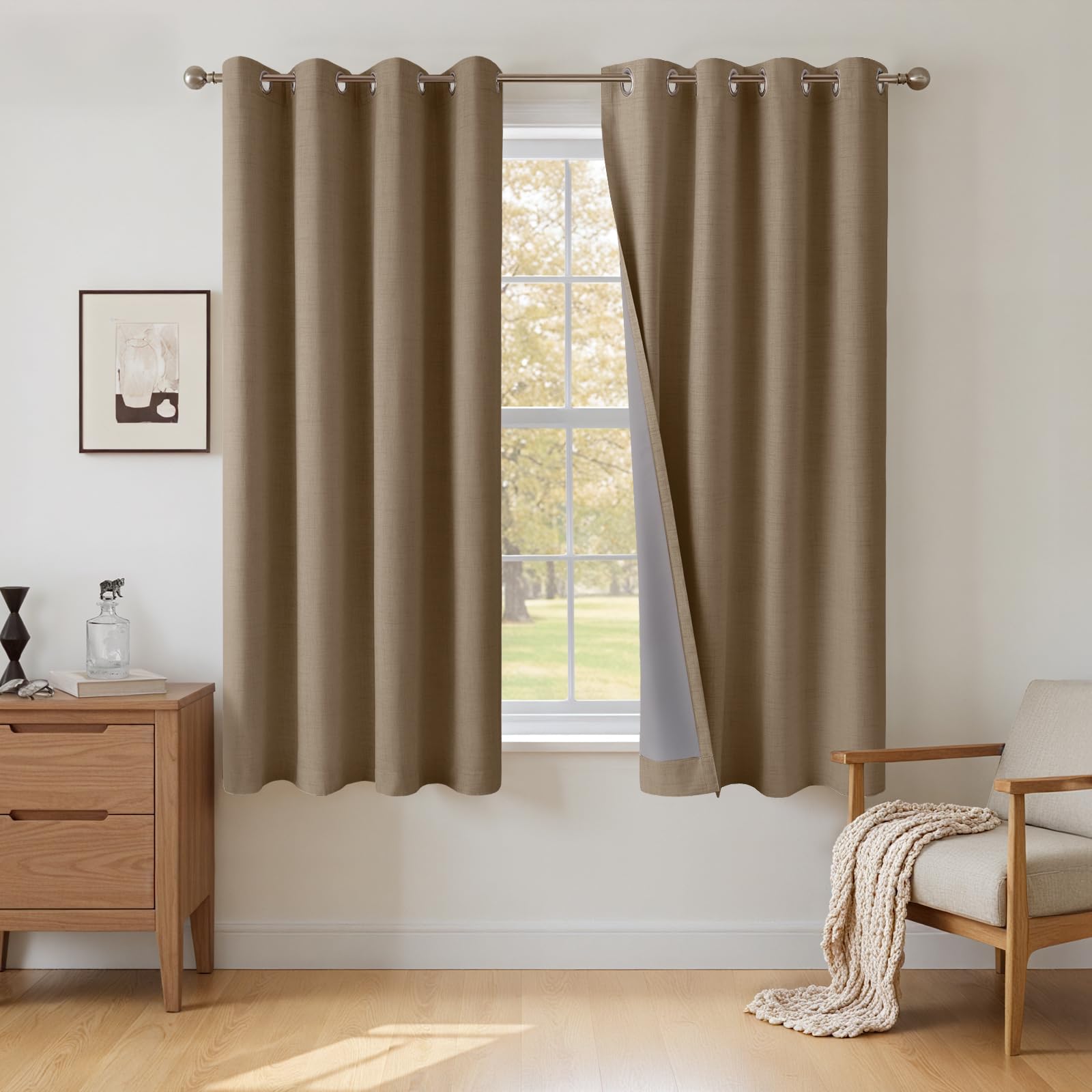 INOVADAY 100% Blackout Curtains 54 Inch Drop 2 Panels, Thermal Insulated Eyelet Curtains with Coating Back Layer for Bedroom & Living Room, 46" W x 54" L, Brownn — image 1
