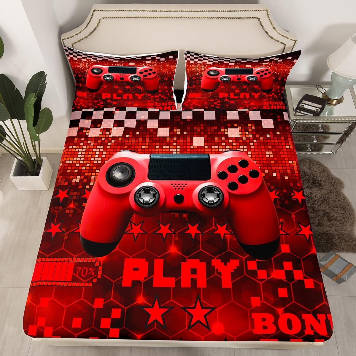 Feelyou Gamer Bedding Sheets Gaming Bed Sheet Set for Kids Boys Game Controller Geometric Pattern Bedding Fitted Sheet Vedio Game Gampad Bed Cover Red 1 Bed Sheet Set with 2 Pillowcases Full Size