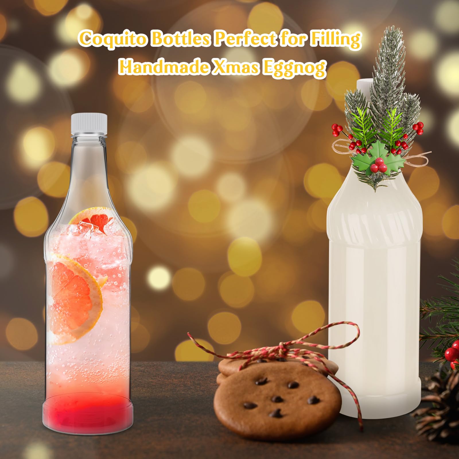 Dandat 12 botellas vacías de cuello largo de 32 onzas con tapas de rosca, botellas de vino de plástico transparente, botellas de coquito caseras, reutilizables para licor, condimentos, uso en hielo