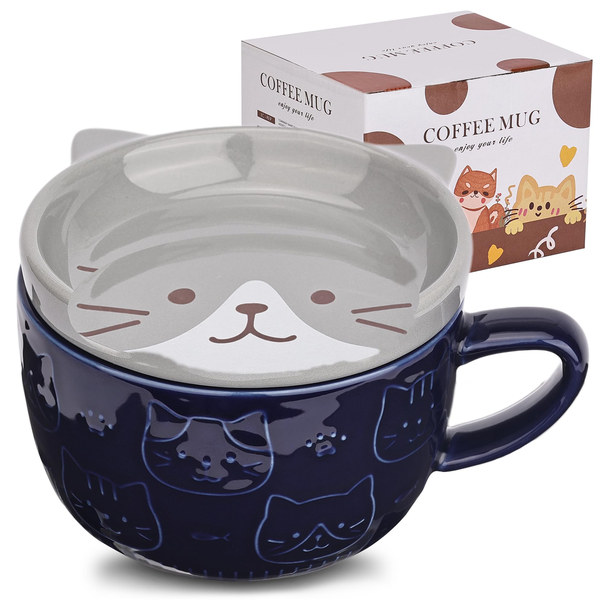 Cute Ceramic Cat Coffee Mug with Lid,Kawaii Coffee Mugs or Tea Cups,Funny Novelty Cat Breakfast Mugs for Women Wife Mum Girls Boys Friends Kids Christmas Birthday Gift,300ML（Blue）