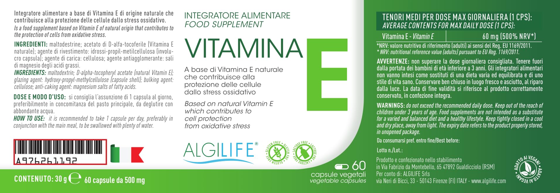 Algilife - Vitamina E Pura in Capsule Vegetali da 60 Mg. Vitamina E Per Viso e Corpo 100% Naturale con Tocoferolo. Vegan Senza Glutine e Lattosio (60 Capsule, scorta 2 mesi)