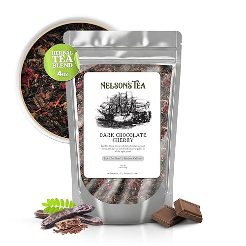 Miniatura 8 de Nelson's Tea Cereza de chocolate oscuro, té negro Pu-erh cortado y tamizado, hoja suelta con rica mezcla de chispas de chocolate, corteza de cereza