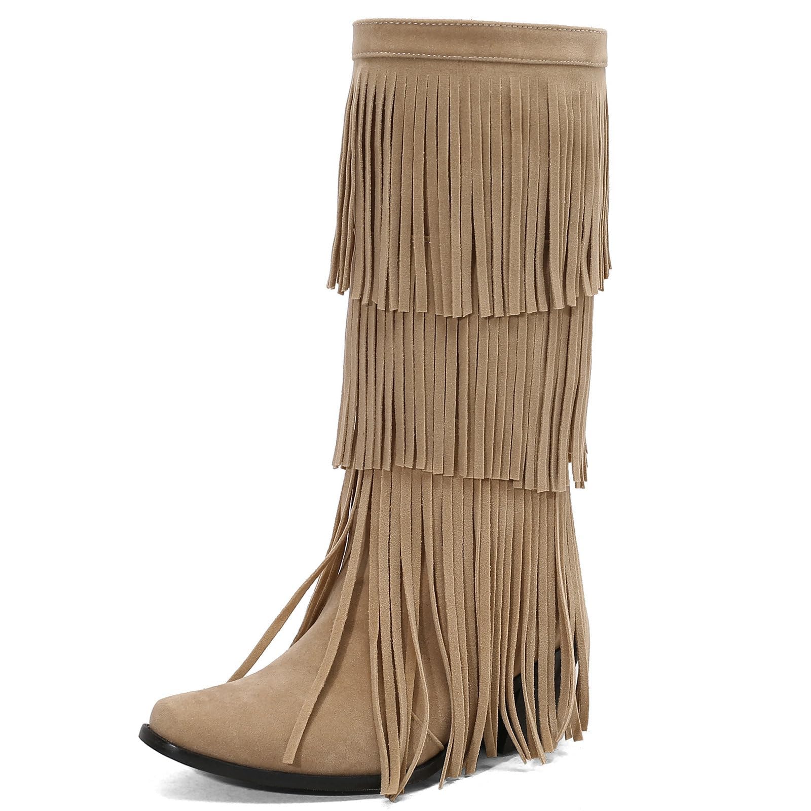 Womens Fringe Western Boots Suede Fashion Chunky Heel Knee High Boots Round Toe Pull On Tassel Moccasin Boots