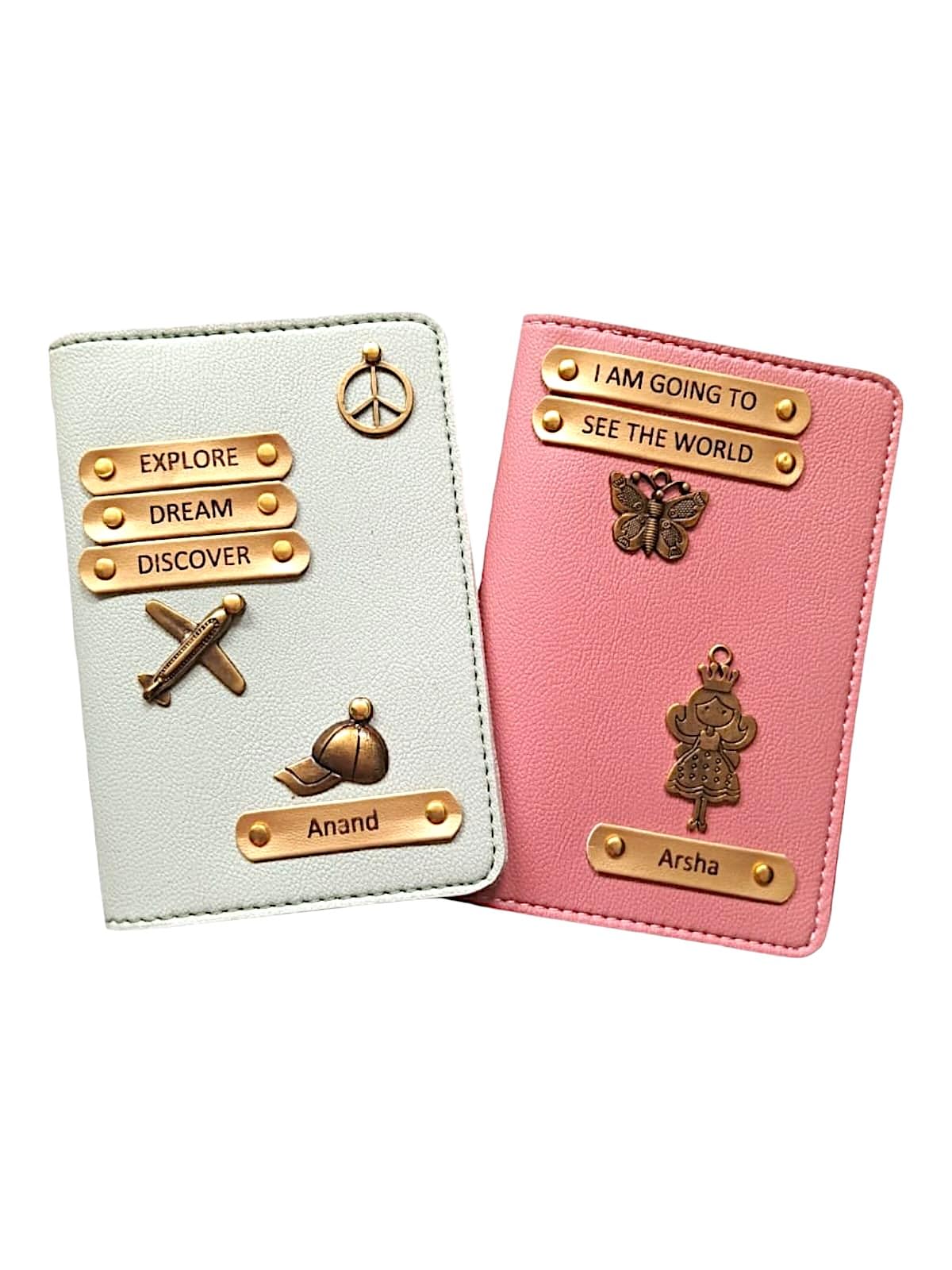 Customised Caption Passport Cover with Name and Charm Combo Pack| 2 in one Pack Passport Holder| Stylist Caption Design with Name and Charm Light Greenish & Peach-image-8