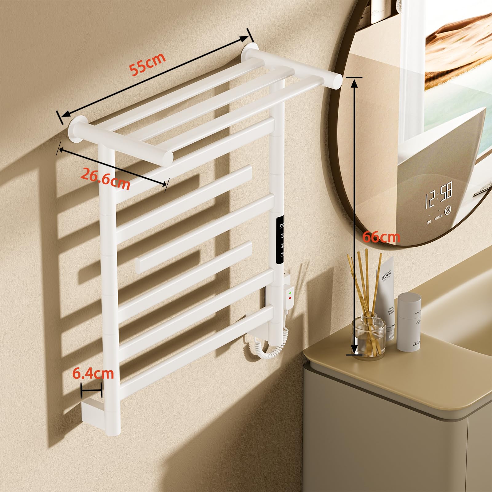 360W Scaldasalviette Elettrico Bagno con ripiano Superiore, Radiatore Scaldasalviette con 5 Barre (3 Barre Girevole 180°), Parete Termoarredo Elettrico, Controllo Tattile 35-70°C, IPX4, Bianco