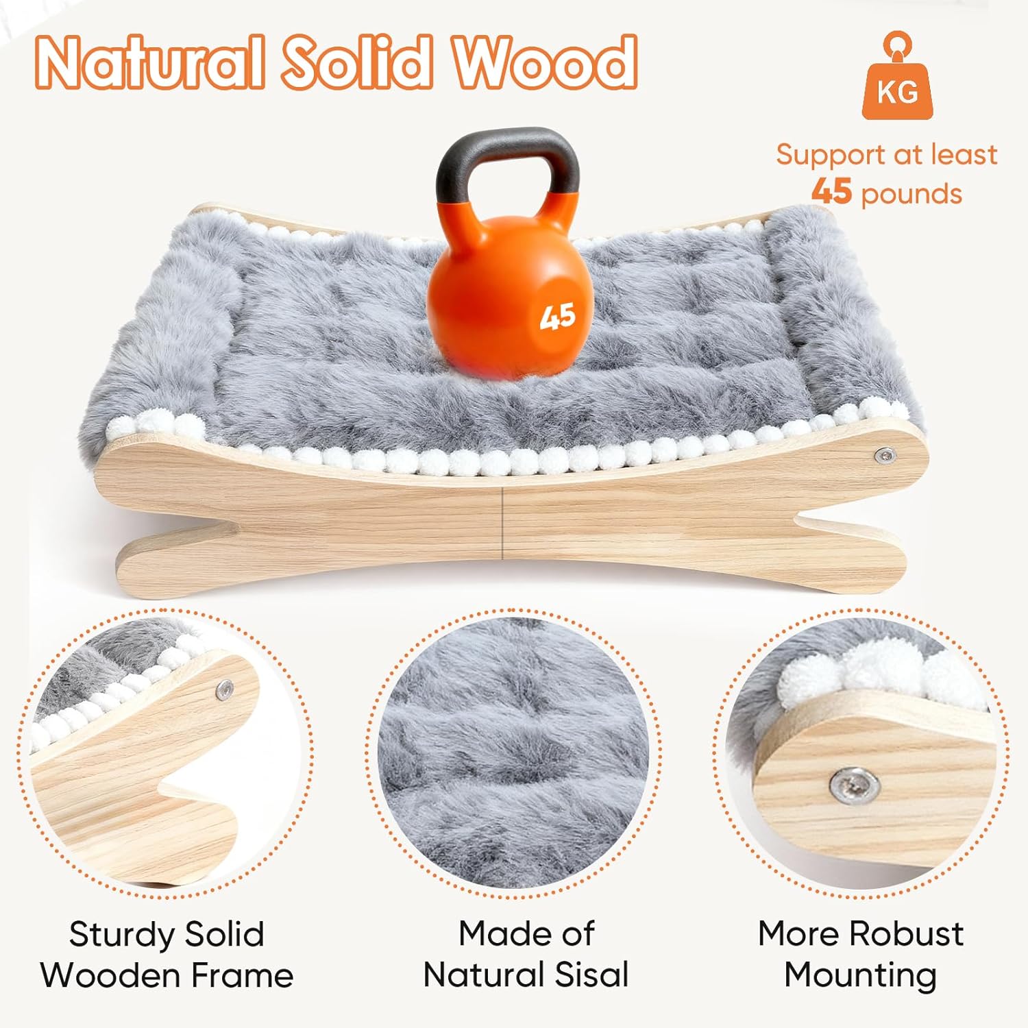 Plush Elevated Cat Bed - Cozy Raised Cat Hammock with Solid Wood Frame, Soft Furry Cushion for Indoor Cats & Small Dogs, Multi-Color Options(Grey)