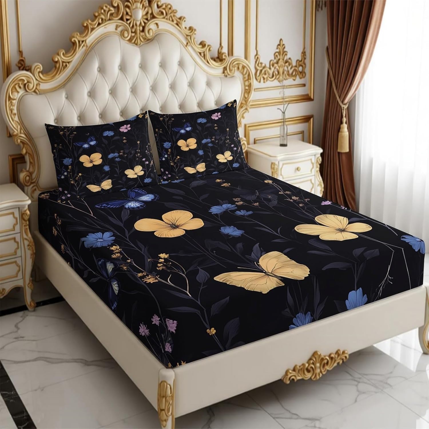 Sabana Bajera 135x190 Mariposa Amarilla Sabanas Bajeras Estampadas Flores Azules Sábana Bajera Ajustable Suaves, Elastico Funda Colchon con 2 Funda Almohada 50x80 cm, para Colchón de 30cm de Altura