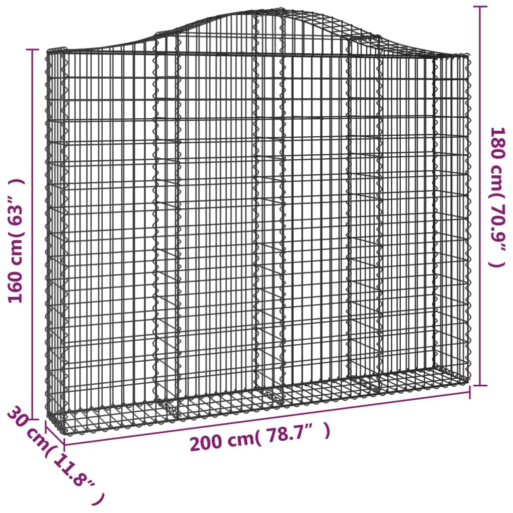 3 cestas para gaviones con arco alto, 200 x 30 x 160/180 cm, hierro galvanizado | Parabrisas decorativo para jardín delantero, patio o patio trasero. Hecho de malla de alambre fuerte de 3,5 mm.