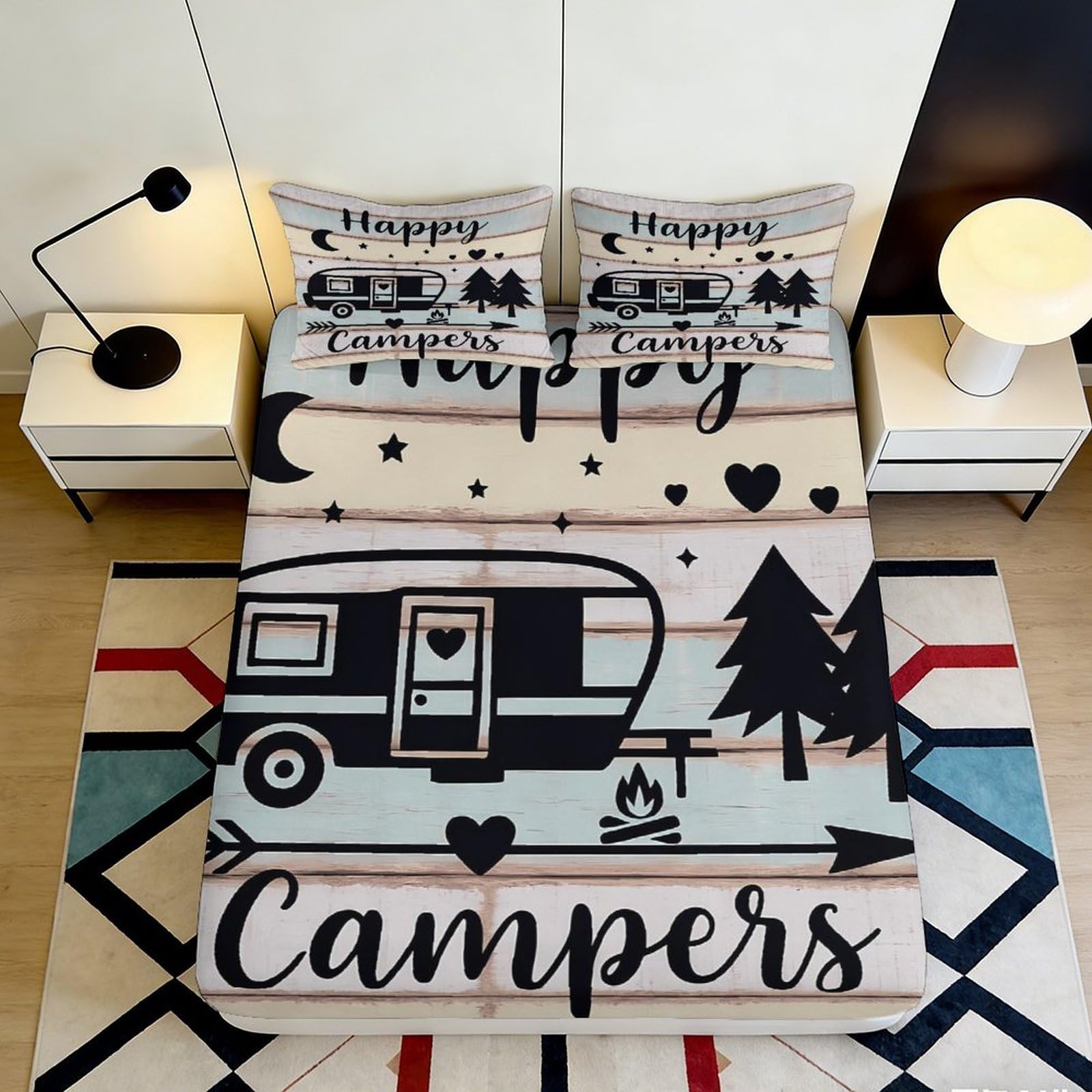 3D Printed Happy Campers Fitted Sheet Microfiber Soft Breathable Camper Trailer Bed Cover for Bedroom Dormitory Guest Room Mattress Protection 120x200x25cm