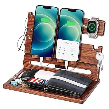 Funistree Gifts for Men, Wood Phone Docking Station, Christmas Xmas Stocking Stuffers for Men, Dad Husband Boyfriend Anniversary Birthday Gifts from Wife, Unique Ash Nightstand Organizer for Him