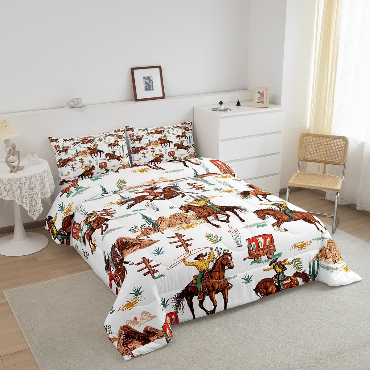Feelyou Western Decor Comforter Toddler Size Wild Western Cowboy Cowgirl Comforter Set for Boys Girls Children Horse Desert Rodeo Cowboy Style Bedding Set Room Decor Brown Duvet Set 2Pcs