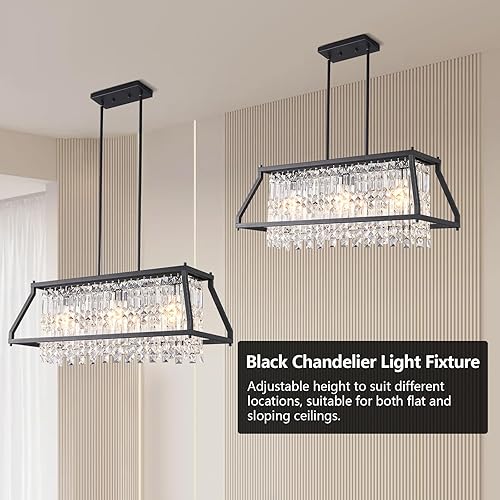 Miniatura 4 de BBLLWJ Lámpara de comedor de 30.7 pulgadas, lámpara de cristal trapezoidal, lámpara industrial de granja, lámpara colgante de cristal de metal negro