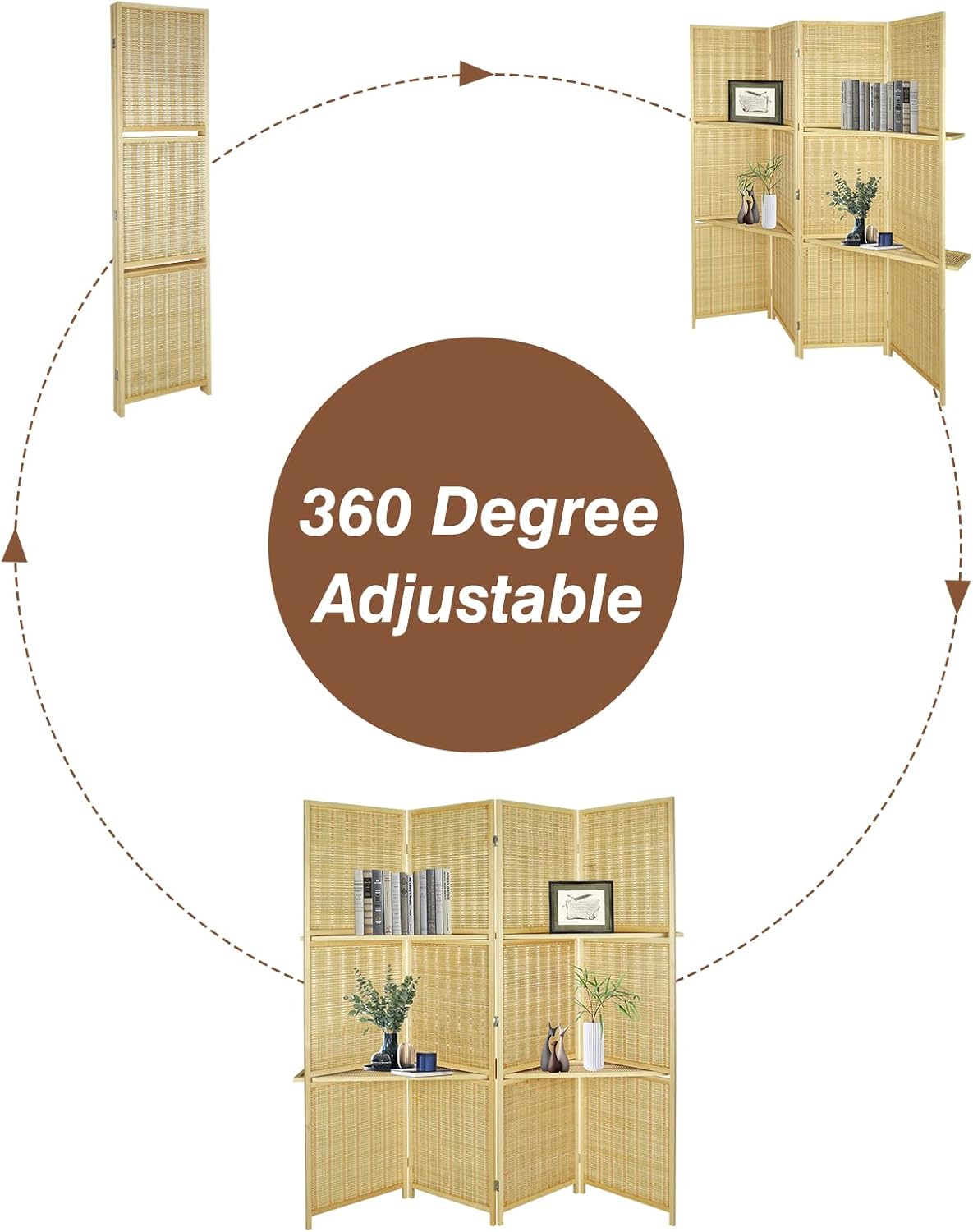 ECOMEX 4 Panel Room Divider with Shelves, 5.9Ft Tall Folding Partition Room Divider Wall Privacy Screen Room Dividers Room Divider with 2 Removable Storage Shelves,Wood Color