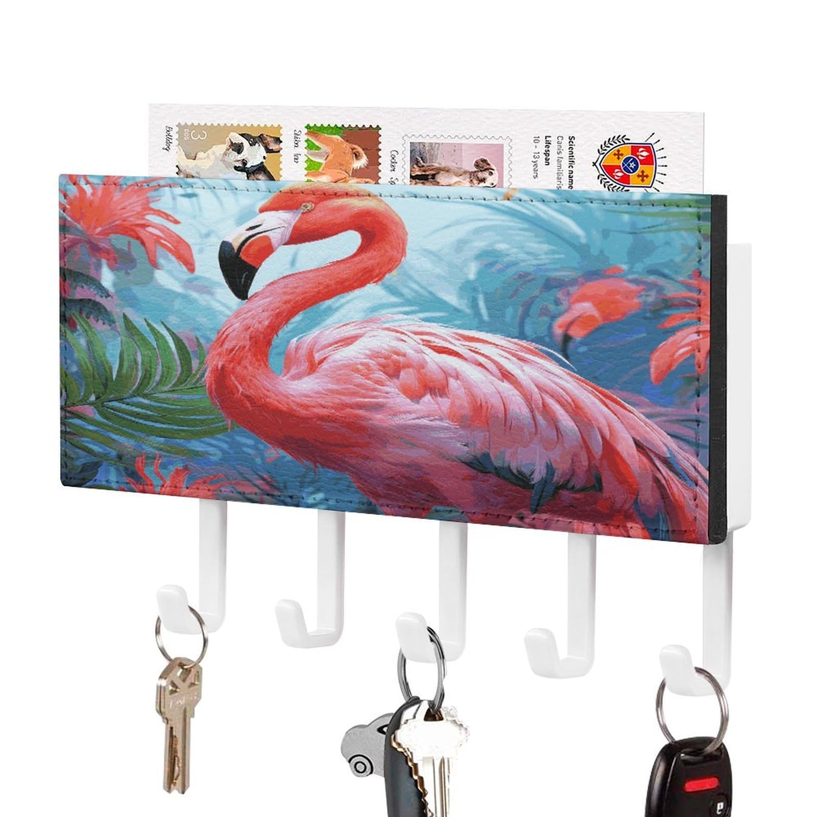 FekiLoot Painted Flamingo Key Holder for Wall Decorative Mail Organizer with 5 Key Hook Self Adhesive Key Rack with Tray Coat Rack Wall Mount Key Hanger Decor for Entryway Door