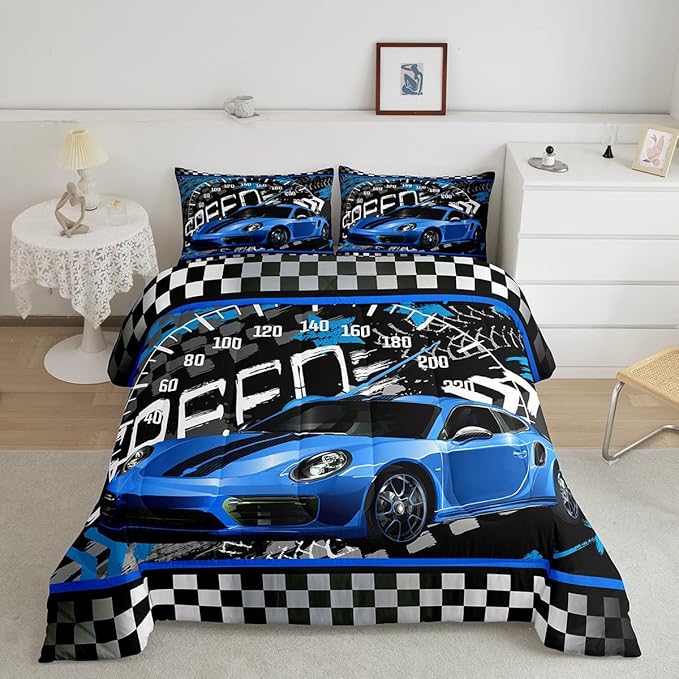 Feelyou Blue Race Car Comforter Set Sports Car Bedding Set