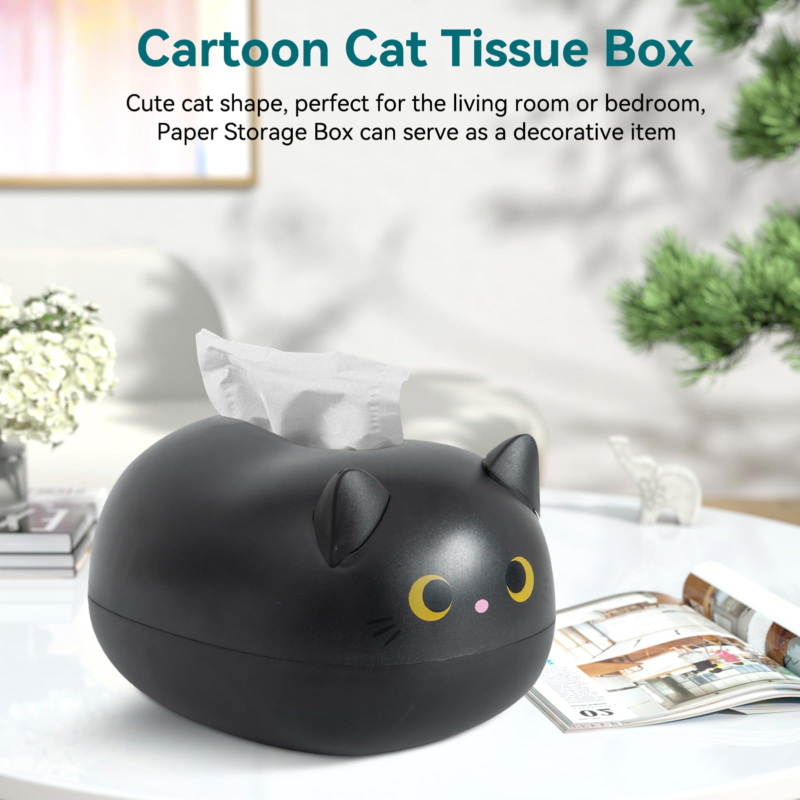 Kitten Tissue Holder, Cartoon Cat Tissue Box with 2 Toothpick Holder Toilet Paper Holder Cat Tissue Napkin Box for Kitchen Bathroom Bedroom Living Room(Black)