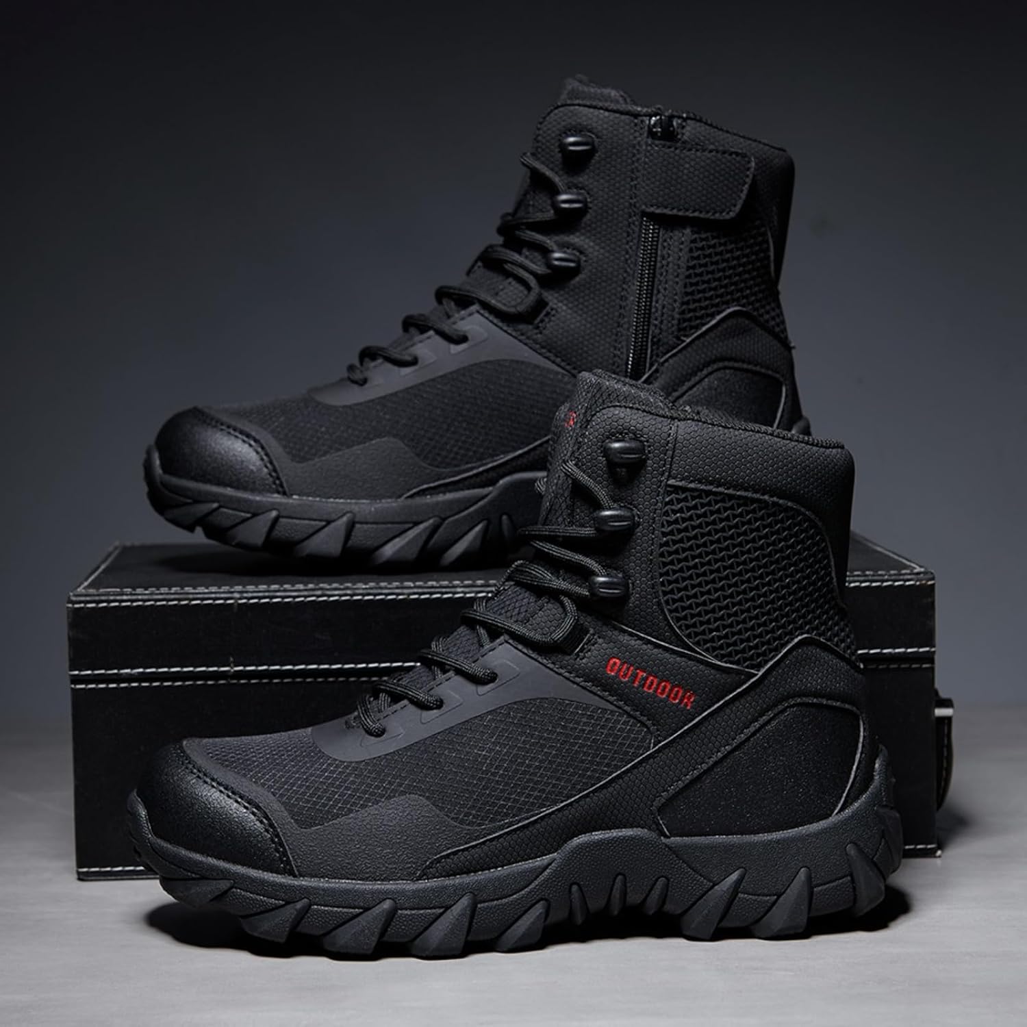Women's Mid Top Lace Up Military Tactical Boots with Side Zipper Lightweight Non Slip Desert Combat Boots for Work Commando Mountaineering Trekking Army Jungle