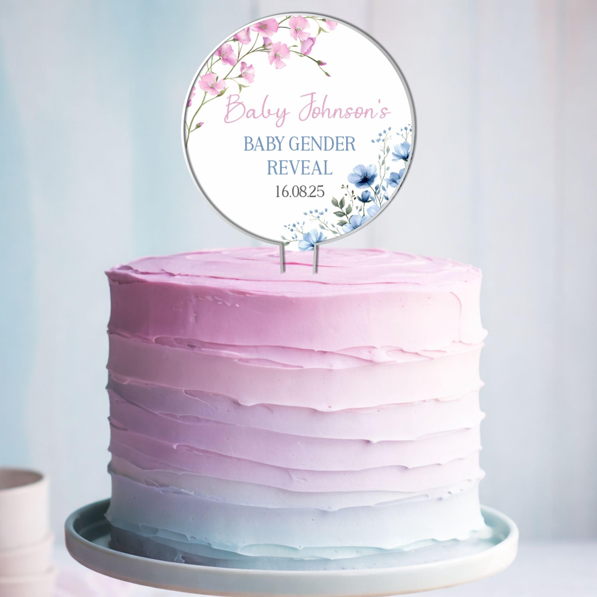 Personalised Acrylic Baby Gender Reveal Cake Topper Floral Pink & Blue โ Babies Custom Name & Date Welcome to Gender Reveal for Baby Boy or Girl Announcement Party (Option 1)