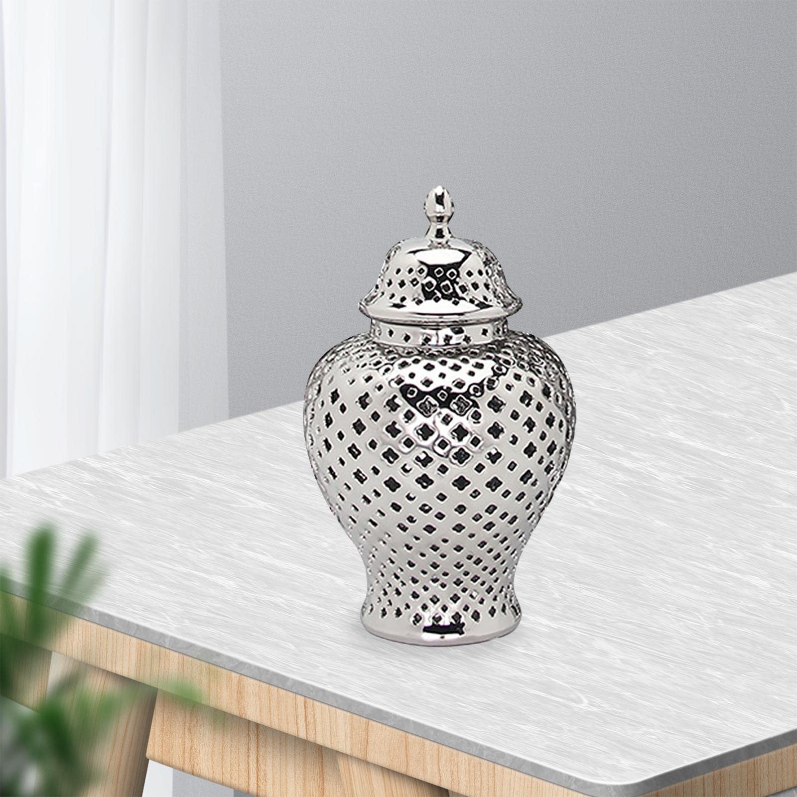 Ginger Jar Porzellan Behälter Vase Dekorativer Handgehobelt Stilvoll mit Deckel für Heimtextilien Sammlung Ausstellung, Silber