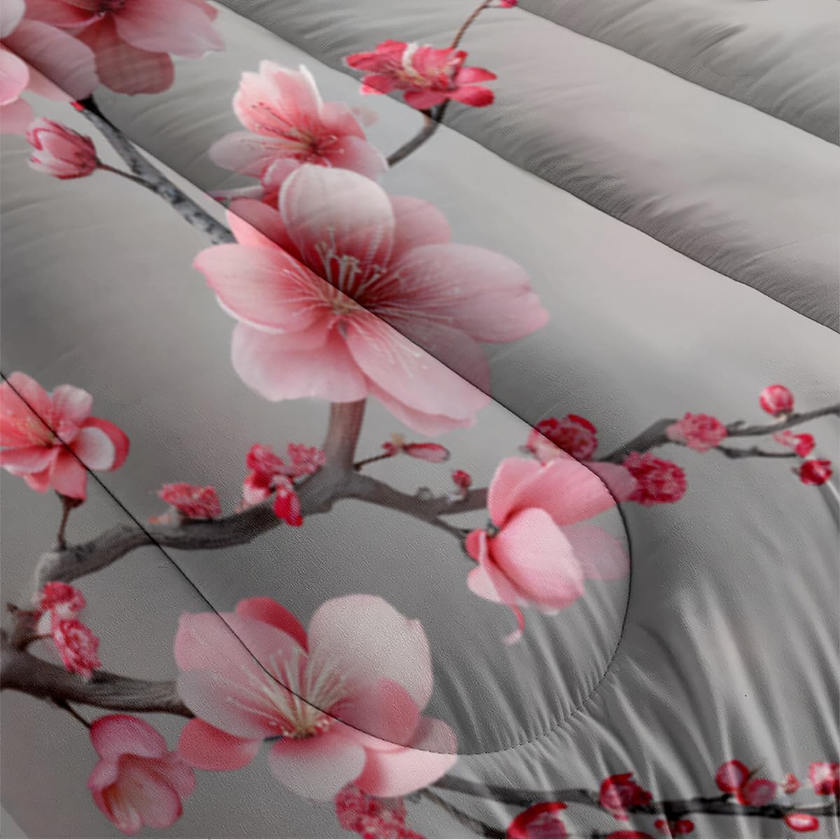 CCoutueChen Cherry Blossom Comforter Set Queen Japanese Style Gray and Pink Floral Bedding Set Japan Bedroom Deccor Bedding Aesthetic Flower Branch Pattern, Ultra Soft Lightweight Comforter Sets