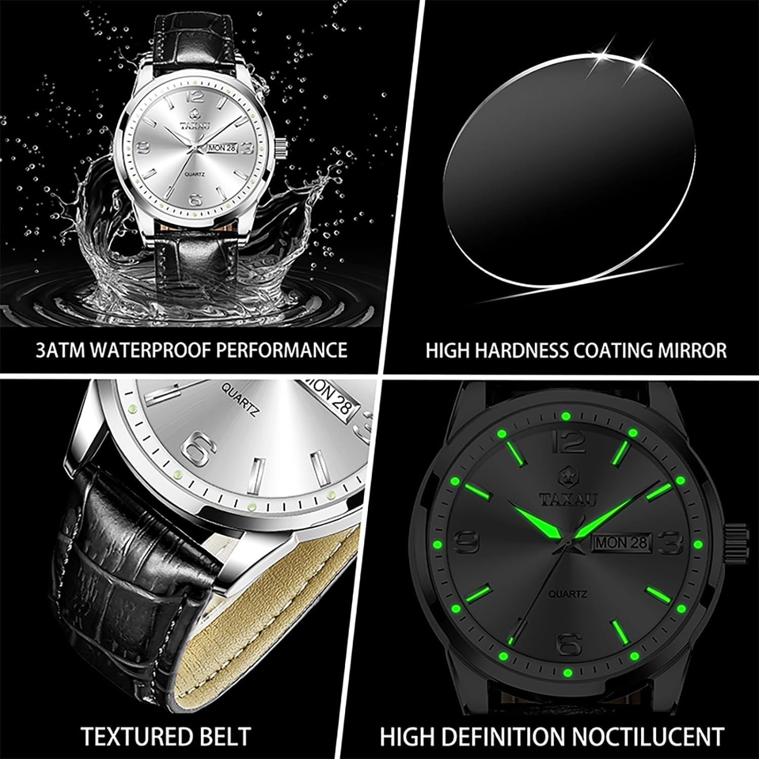 Taxau Men's Dress Watches Waterproof Analog Leather Watch with Day Date Large Arabic Numerals Casual Classic Fashion Wrist Watch Brown/Black Band Easy Read Relojes para Hombres