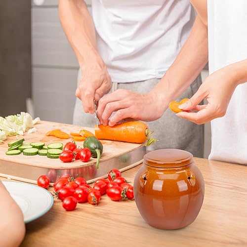 Miniatura 9 de Vaguelly Contenedor de cereales de cerámica de 1 litro, recipiente de fermentación Kimchi con tapa hermética, tarro de vino para preparar, tarro de
