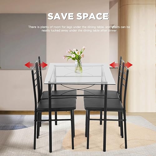 Miniatura 3 de FDW Juego de mesa de comedor clásica de 5 piezas, mesa superior de vidrio con marco de metal y 4 sillas modernas rectangulares, juego de mesa de