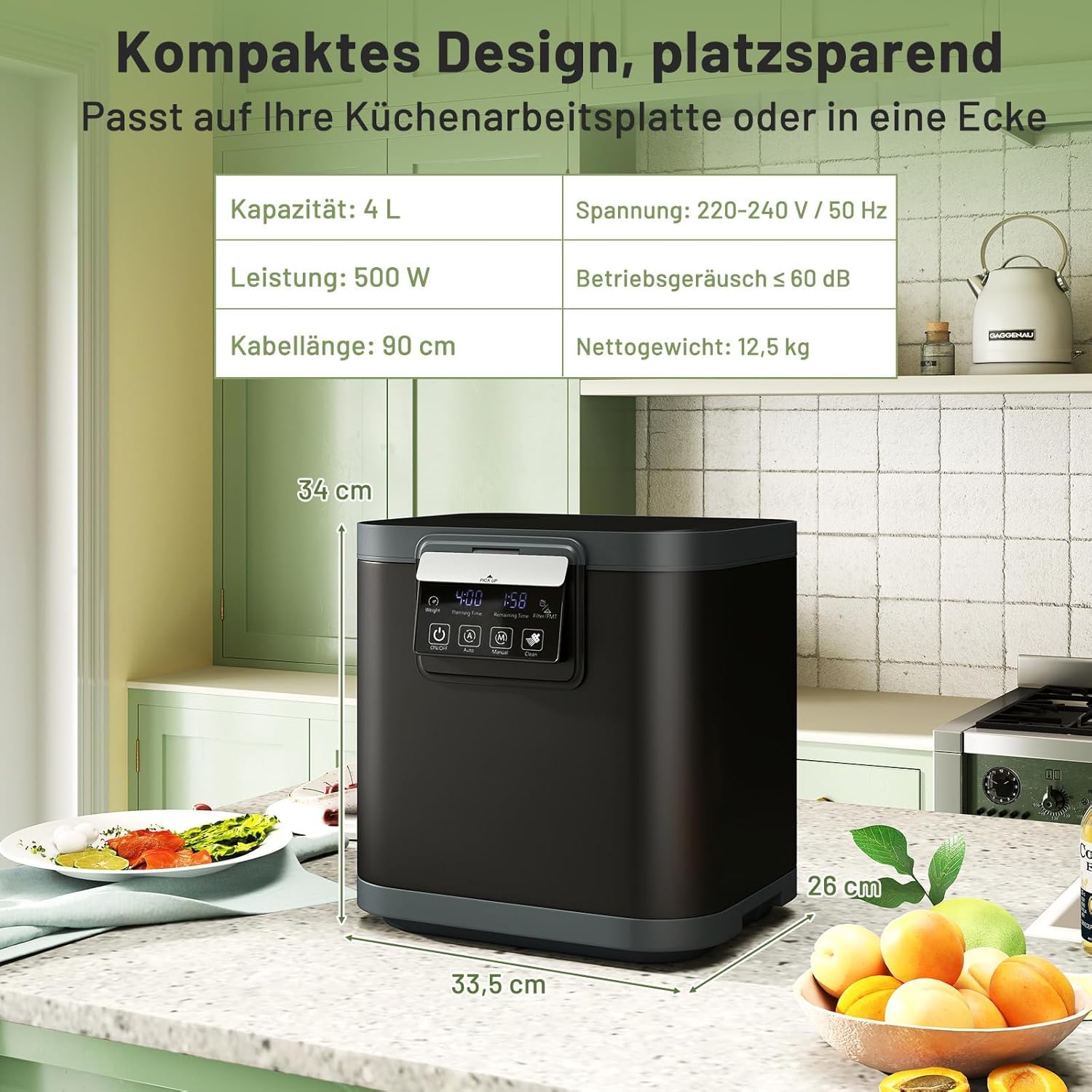 RELAX4LIFE Elektrischer Komposter, 4L Küchenkomposter mit Deckel & 2 Aktivkohlefiltern & LED-Anzeige, Biomülleimer Küche mit Selbstreinigend & Automatisch, für Organisches Material & Lebensmittelreste