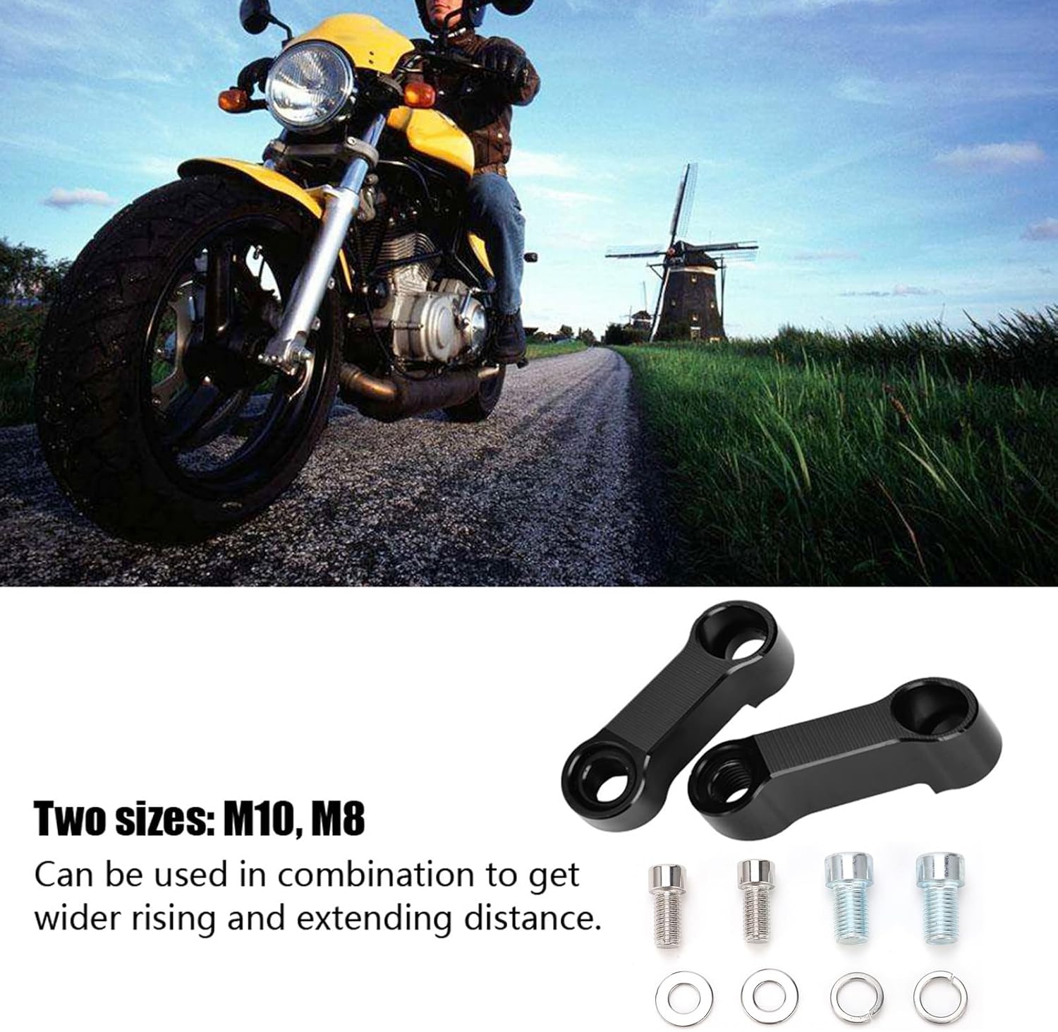 2PCS Motorcycle Mirror Extenders - Black Handlebar Mount Rearview Adapter Riser Rear View Risers Bike Extenders Universal Side Aluminum Right Thread for 10mm,8mm Apertures