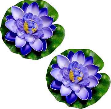 2Pcs Blue Artificial Floating Foam Lotus Flower with Water Lily Pad, Lifelike Pond Pool Lotus Ornaments, Realistic Ornament for Home Garden Pond Aquarium Decor, Artificial Plants and Flowers