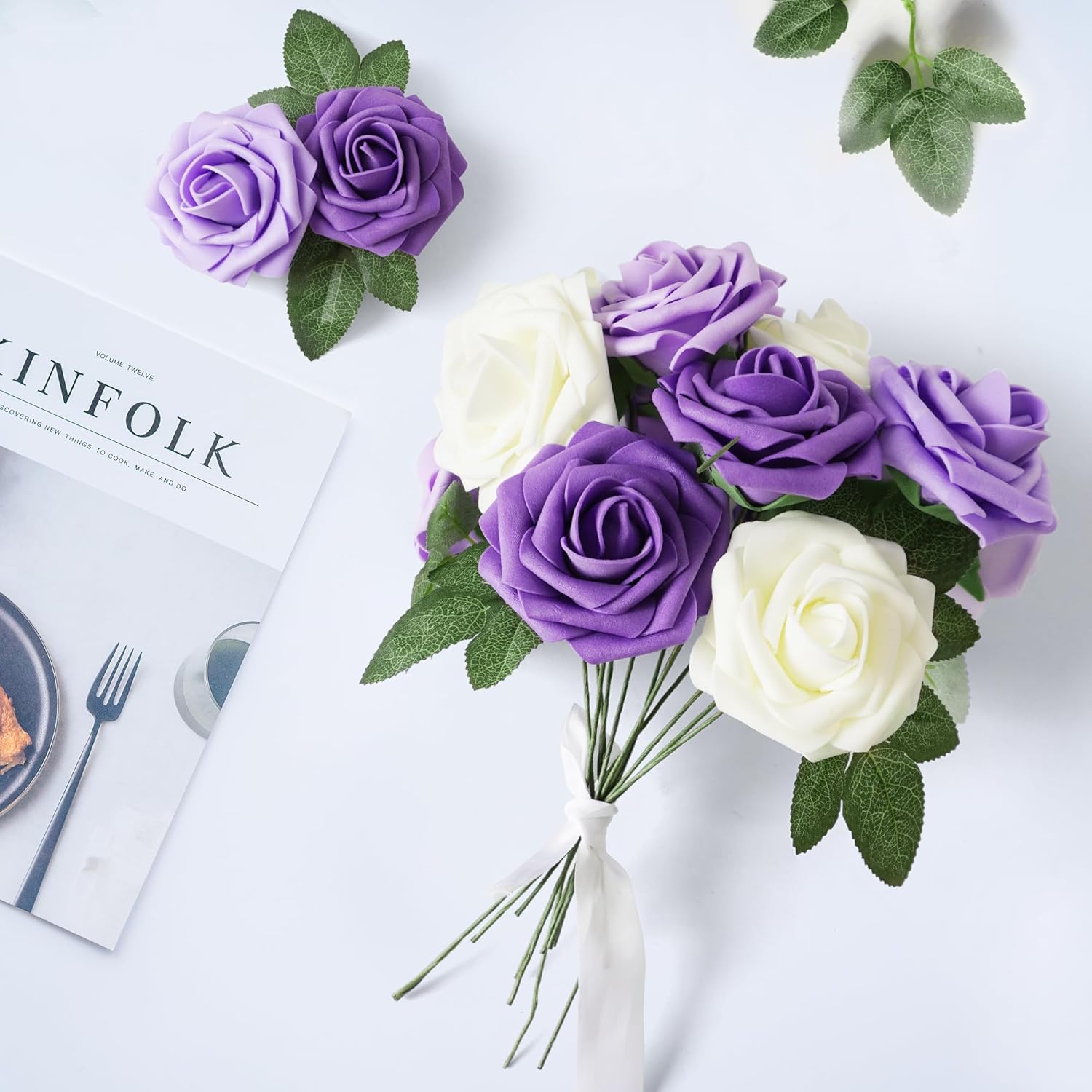 Artificial Flower Foam Rose 25pcs Real Looking Fake Rose with Stems Leaves for Home Decoration Party Garden Centerpieces DIY Wedding Bouquets(Shades of Purple Rose) - Image 5