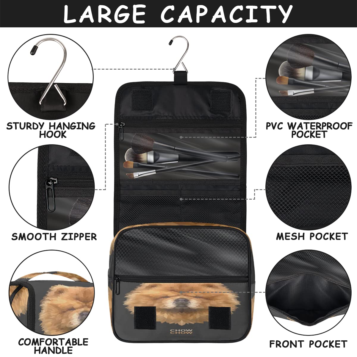 Chow Geometryczne psy Podróżna kosmetyczka Psy Mycie Torba Unisex Wiszące przybory toaletowe Kosmetyczka Organizer do makijażu, wielobarwny, Jeden rozmiar