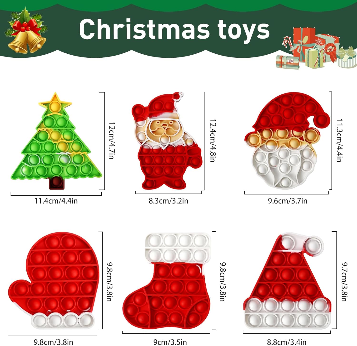 QETRABONE 6 Pcs Christmas Fidget Set, Push Bubble Fidget for Adult, Party Game Decor Gift Xmas Stockings Christmas Decorations Autism ADHD Decompression