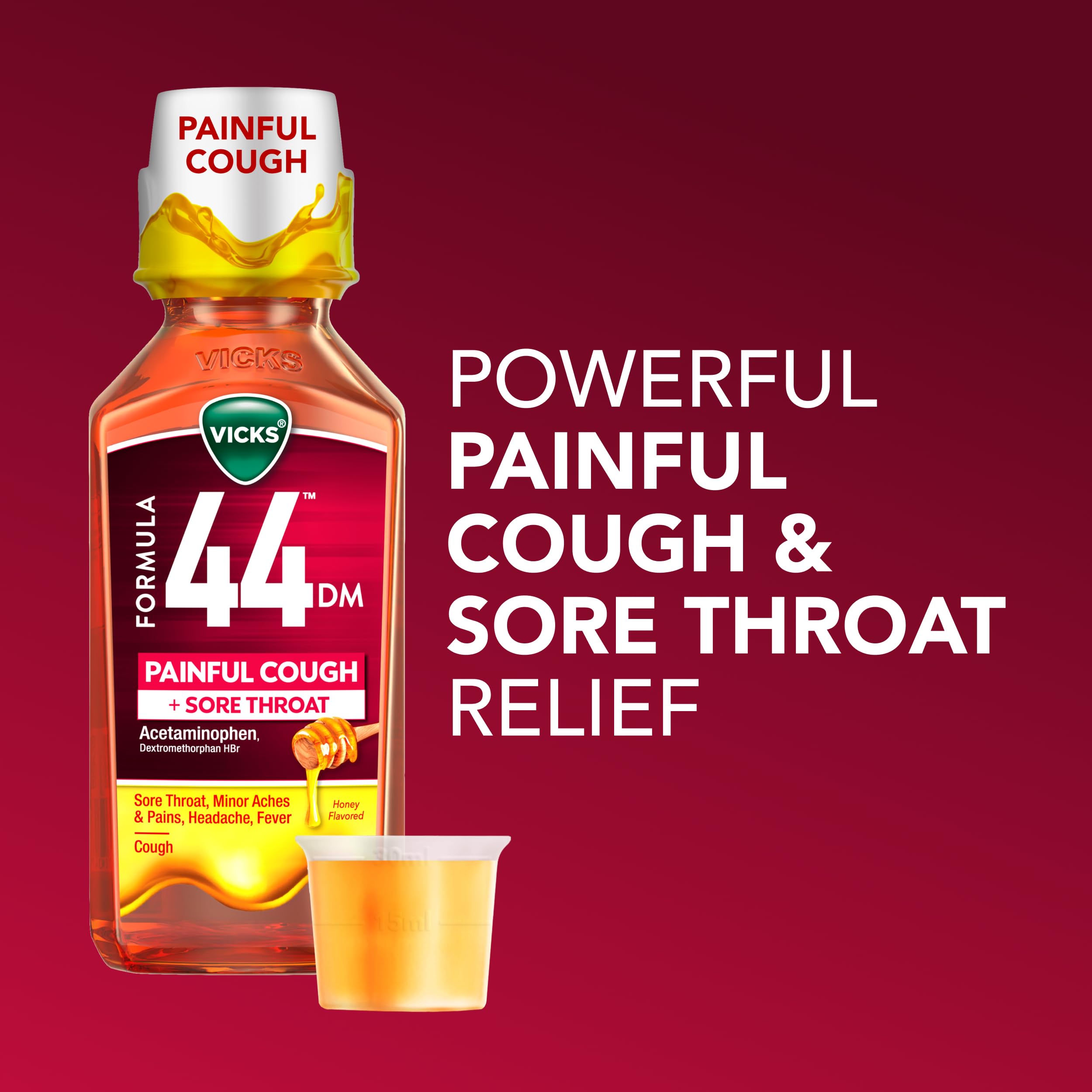 Vicks Formula 44 DM Painful Cough + Sore Throat Liquid, Day or Night, Cough Syrup, Powerful Painful Cough and Sore Throat Relief, Honey Flavored, Adult Cough Medicine, 12 FL OZ — Amazon image 2