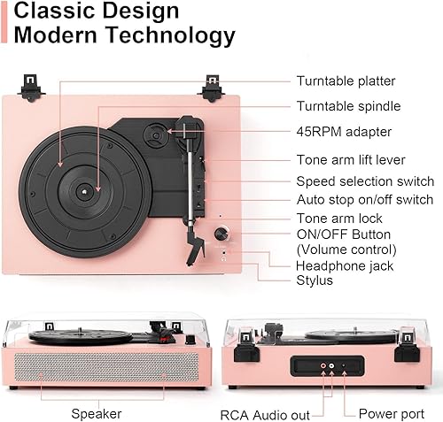 Miniatura 3 de Tocadiscos de vinilo Bluetooth de 3 velocidades con altavoces estéreo integrados, transmisión por correa, salida RCA, entrada AUX, parada