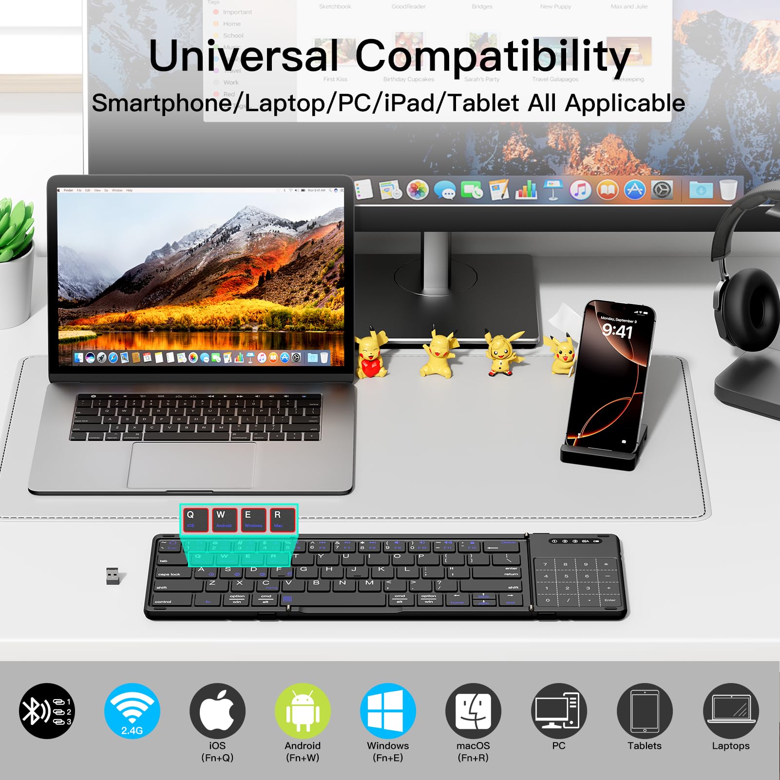 XIWMIX Tastiera Bluetooth pieghevole 2 in 1 con touchpad e tastierino numerico, multi-dispositivo pieghevole wireless ricaricabile portatile tastiera da viaggio per iPad, laptop, PC, compatibile con