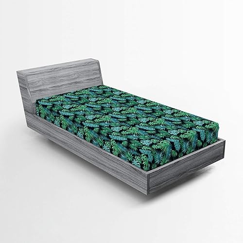 Miniatura 269 de Ambesonne - Sábana bajera ajustable multicolor, en colores y tres tamaños Azul y gris,Verde Militar Sage Green,Ámbar beige,Negro Grey White,Azul