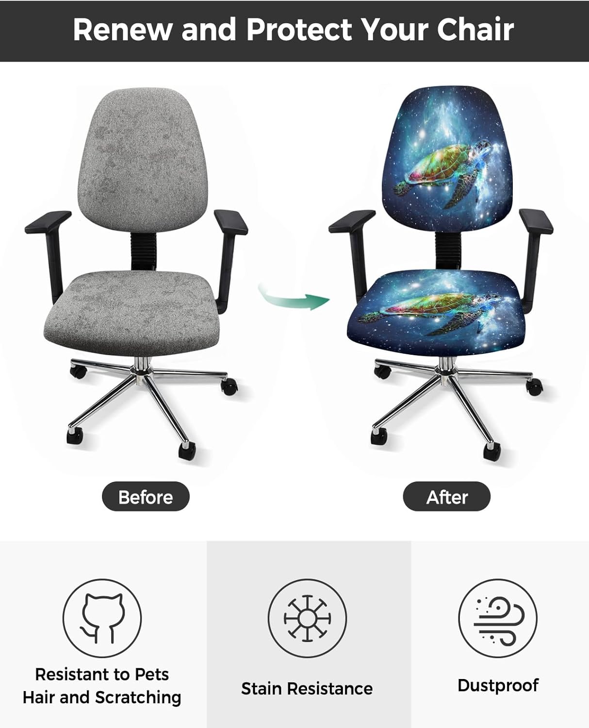 LiDU Sea Turtle Office Chair Cover - Stretch Rotating Computer Chair Seat Back Covers, Nautical Coastal Starry Sky Navy Blue Ombre Desk Chair Covers Stretchable Office Chair Slipcovers Protectors