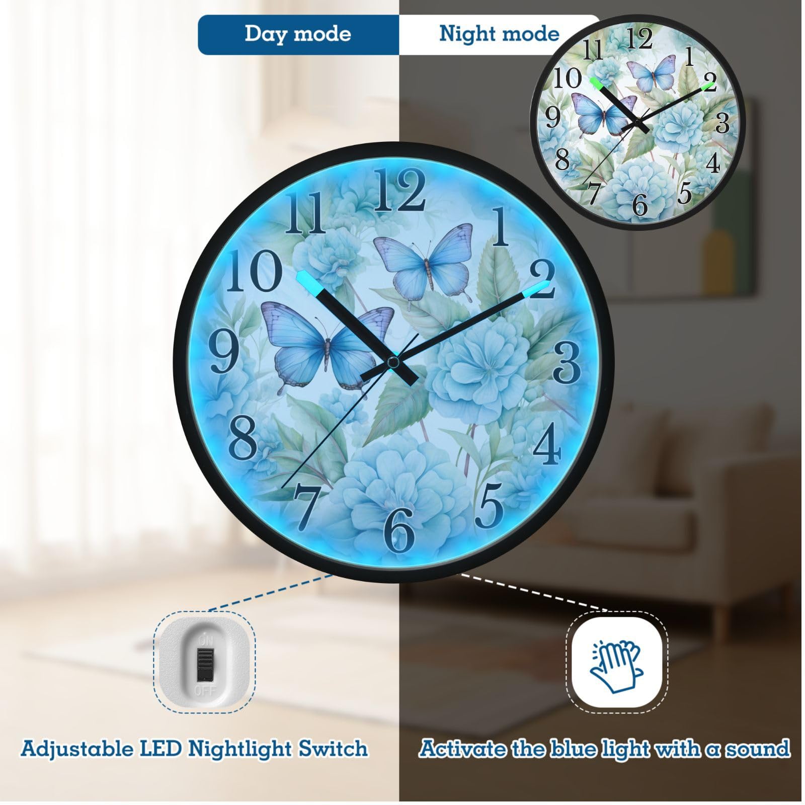Mnsruu Reloj de pared luminoso con diseño de flores y mariposas, color azul, funciona con pilas, silencioso, brilla en la oscuridad, para sala de estar, cocina, 12 pulgadas