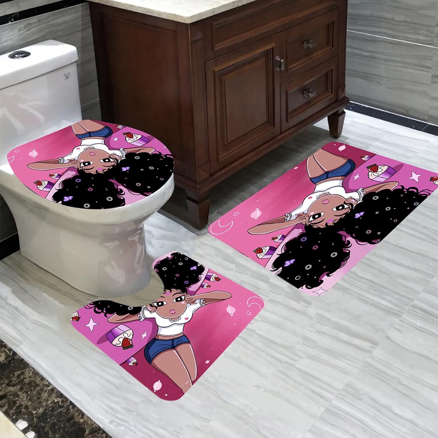 4Pcs African Black Girl Shower Curtain Set for Bathroom Decor Kids Bathroom Sets with Bath Rugs Toilet Lid Cover Pink Pretty Girls Pattern Shower Curtain (70 x 70 Inch)