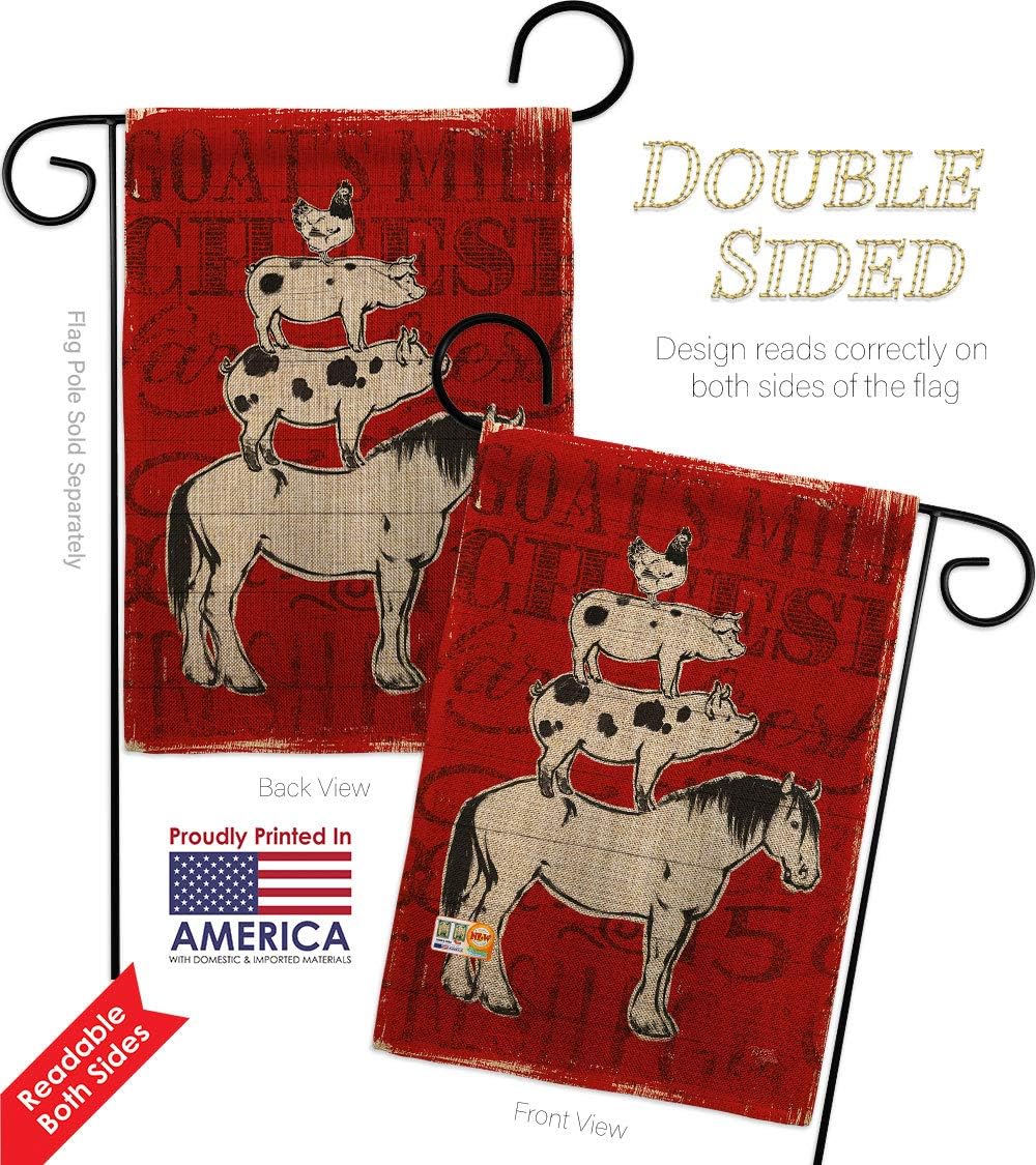 Farm Life Burlap Garden Flag Animals Barnyard Animal Cow Horse Rooster Farmhouse Pet Nature Creature Small Decorative Gift Yard House Banner Double-Sided Made In USA 13 X 18.5
