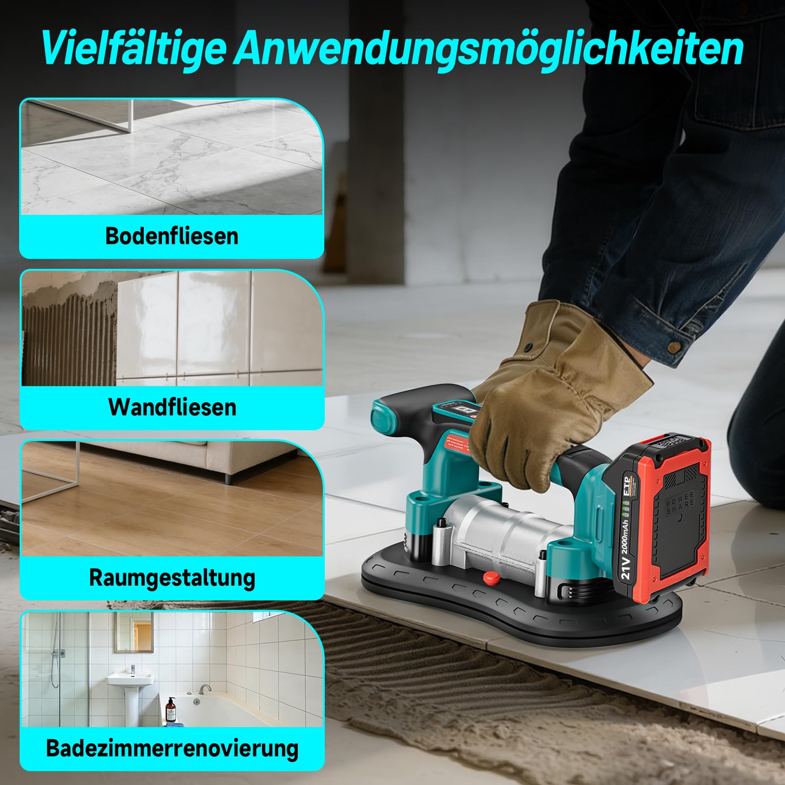 Yofuly 2 IN 1 Fliesenrüttler & Saugheber Kompatibel mit Makita 18V Akku, 260mm Saugnapf 200KG Adsorption | 9 Stufige Einstellung, Fliesen Vbrationsgerät mit 2×2.0Ah Akku für 0.3-2m Fliesen