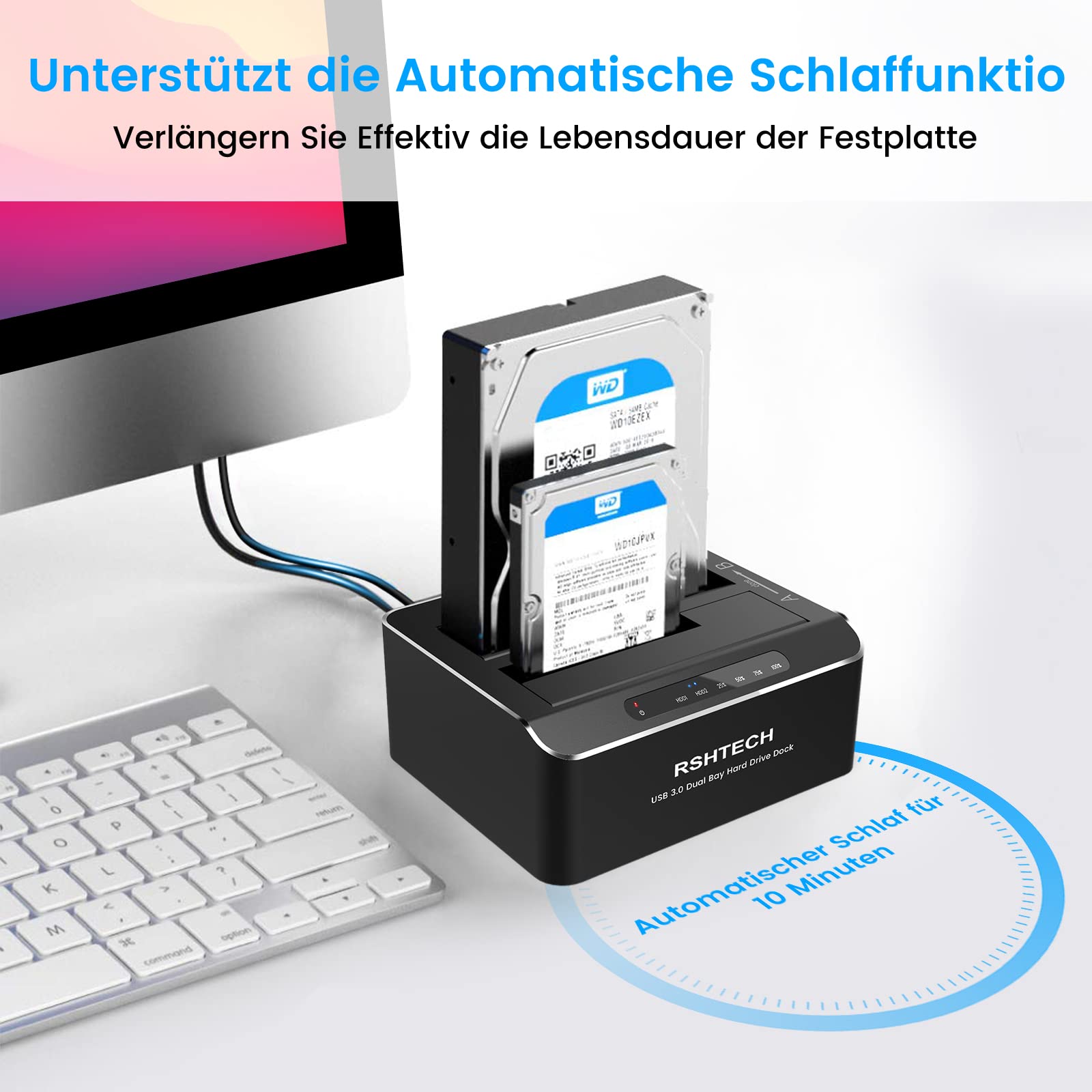 RSHTECH Dualschacht Festplatten Docking Station, USB 3.0 Aluminium Festplatten Dockingstation Offline-Klonen für 2,5 & 3,5 Zoll SATA HDD SSD, unterstützt 2 x 24TB Laufwerke, Werkzeuglose (RSH-DS01)