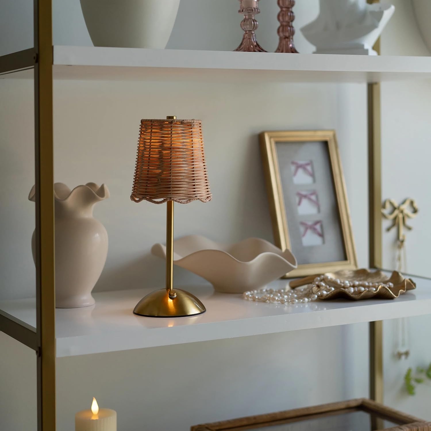 Cordless Rattan Gold-Tone Indoor Table Lamp with Touch Dimmer LED Portable Lamp for Home Decor