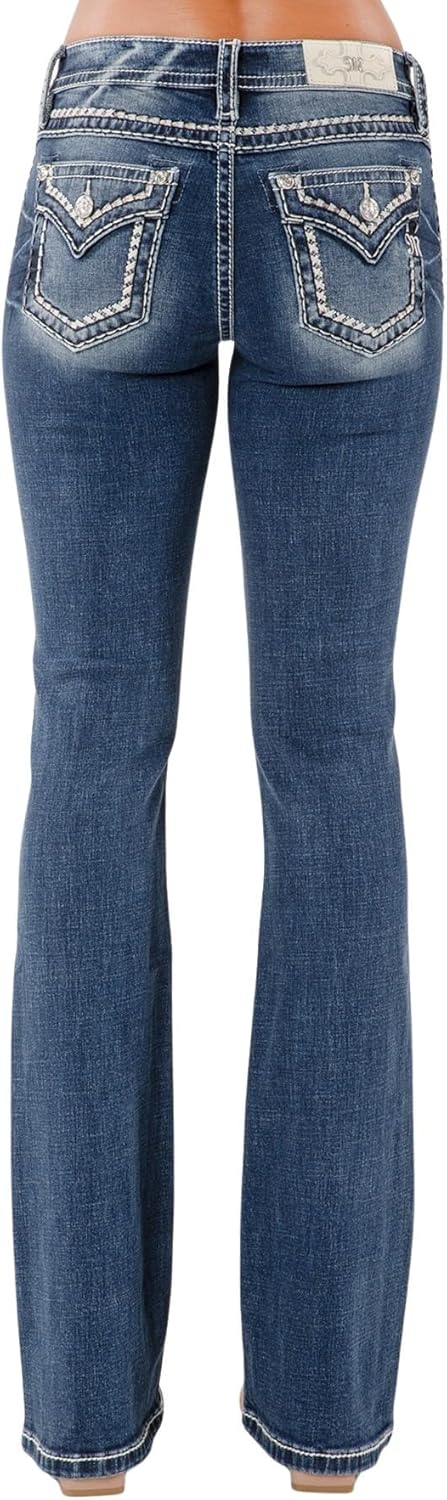 Miss Me Women's Tri-Color Metallic Saddle Stitch Faux Flap Pockets Mid-Rise Bootcut Jeans