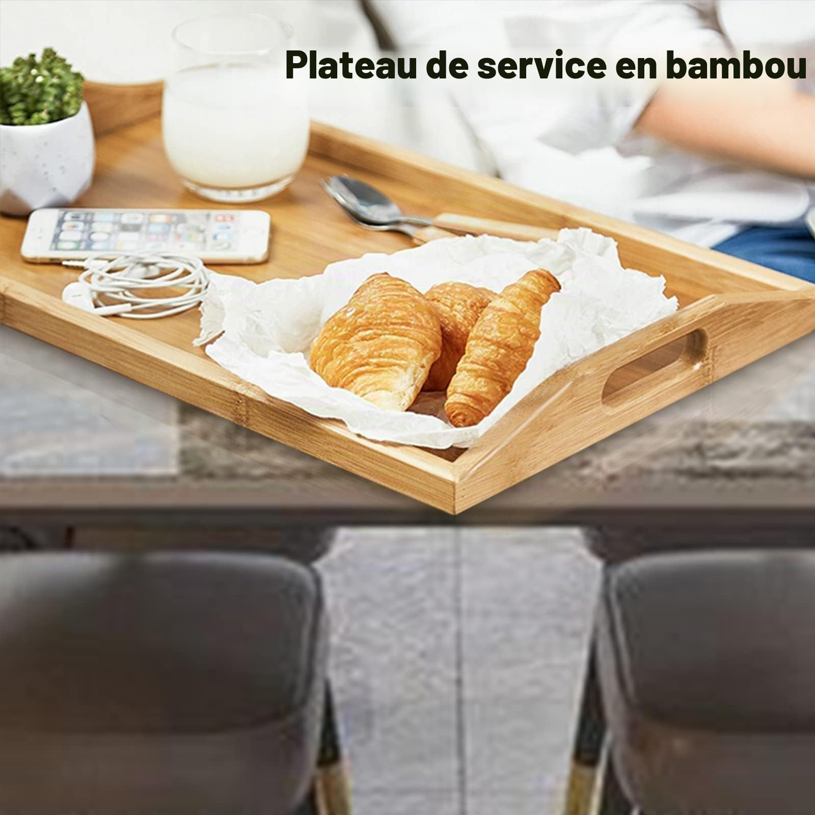 3pcs Grand Plateaux de Service en Bambou, Plateau Repas Rectangle avec Poignées, Plateau Petit-Déjeuner Service pour Vaisselle, Boissons, Réception de Fête