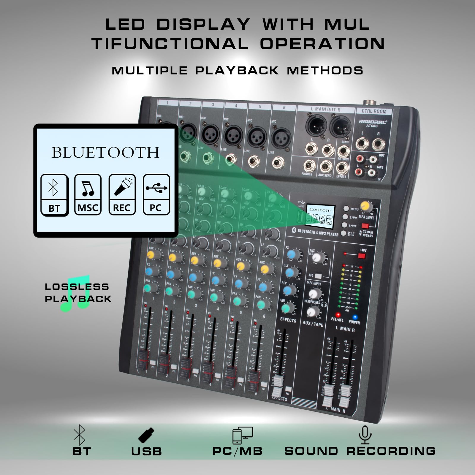 Audio Interface Mixer 12 Channel Studio Karaoke Mixer with XLR and 1/4" Jacks for 48v Line and Microphone Audio DJ Sound Controller Analog Mixer Rac/USB Interface/Bluetooth MP3 Player