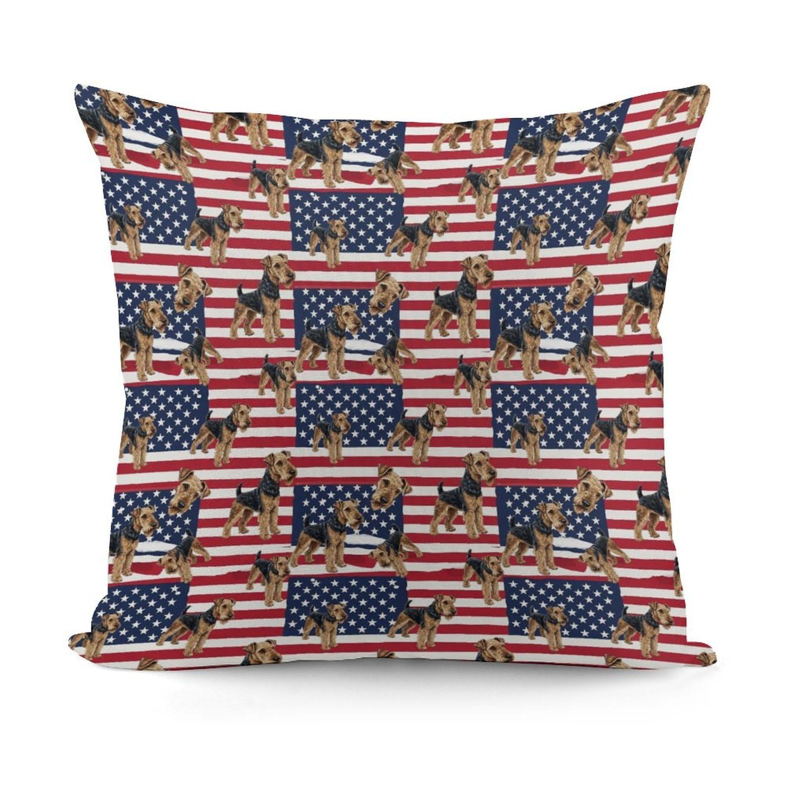 Smazdfxx Picture(11) Soft Airedale Terrier American Flag Dog Plush Pillow Cover Decorative Pillow Cases For Bed Sofa Living Room Home Decor